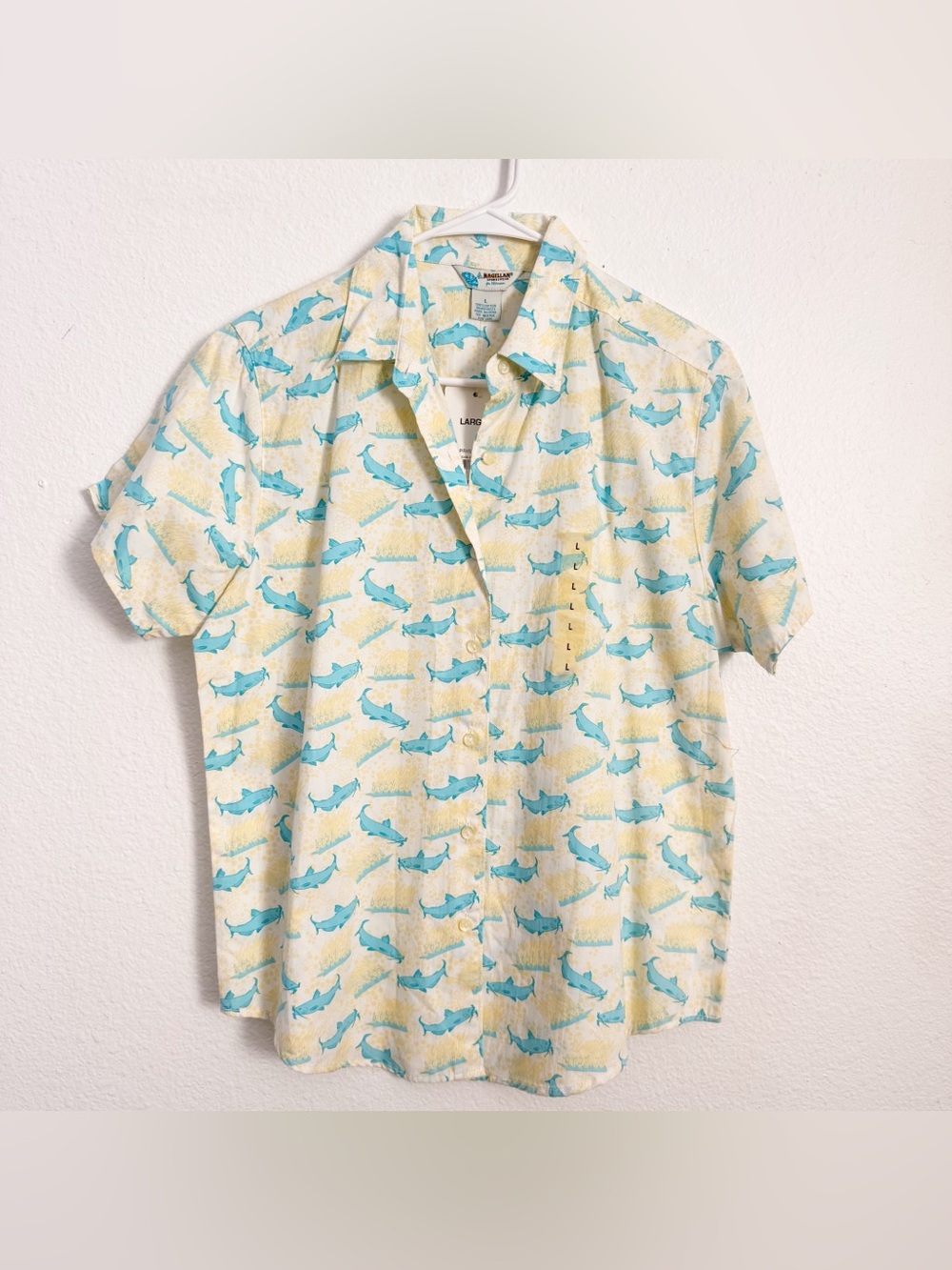 Magellan | Pristine Women Casual Shark Print Short-Sleeve Shirt - Blue on Cream